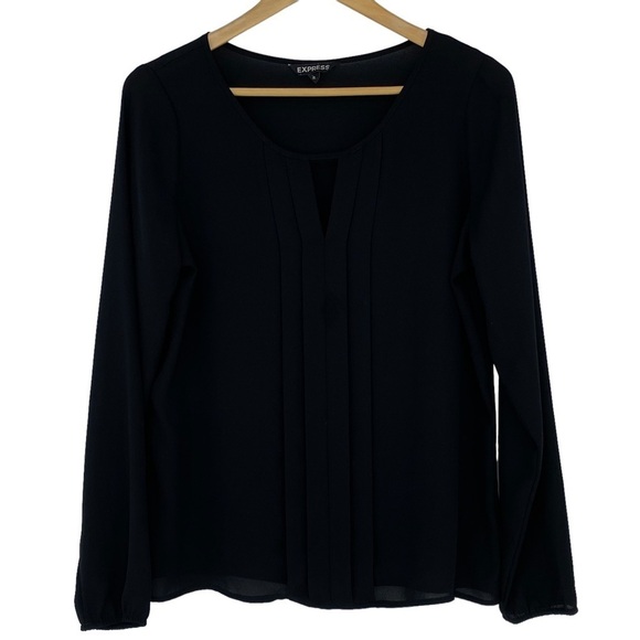 Express black pleated front keyhole neck LS blouse, M - Picture 2 of 13